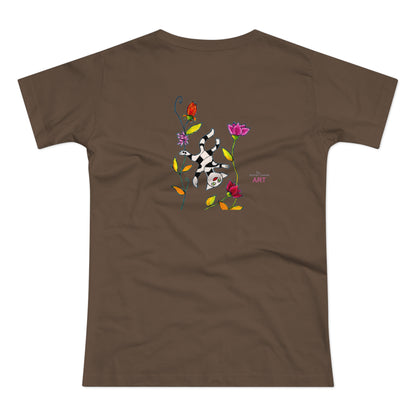 Single Jersey Women's T-shirt - dunkel - Motiv: Katze schwebt und Ranken, Vorderseite H 11 cm & Rückseite H 21,85 cm