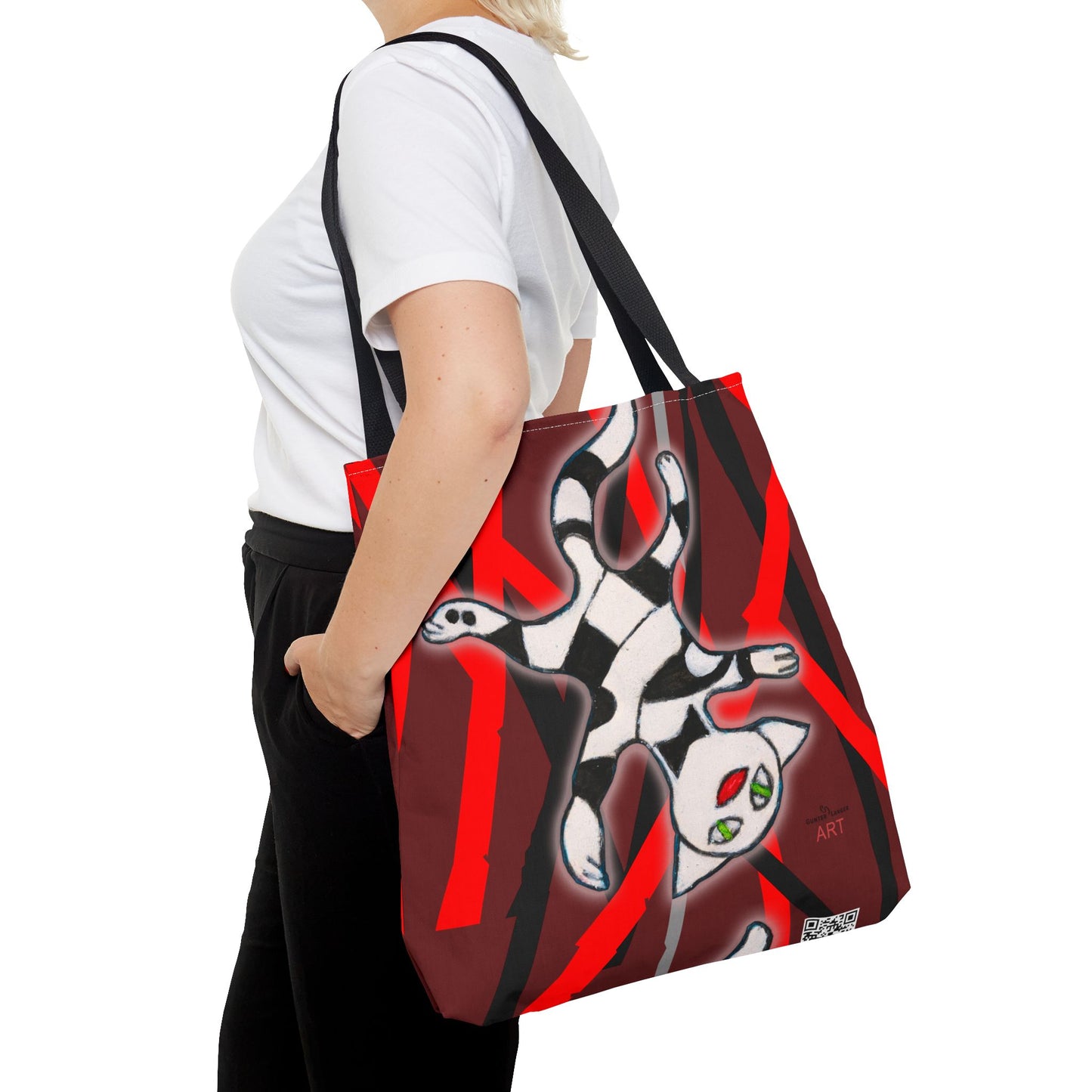 Tote Bag (AOP) - Motiv: Mikado Rot, mit Katze schwebt