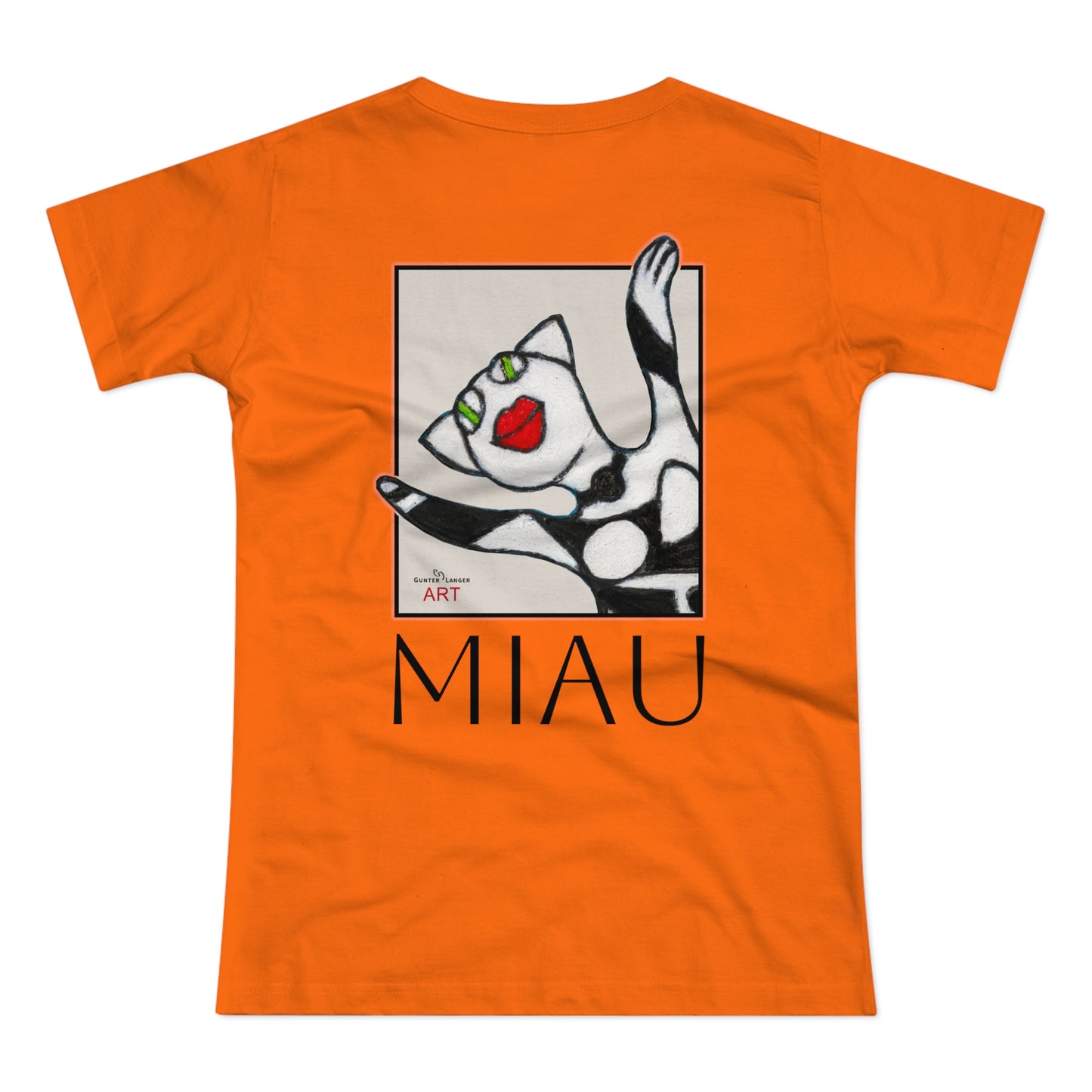 Single Jersey Women's T-shirt - hell - Motiv: Front Miau, H 15,3 cm, Rückseite Miau, H27,94 cm