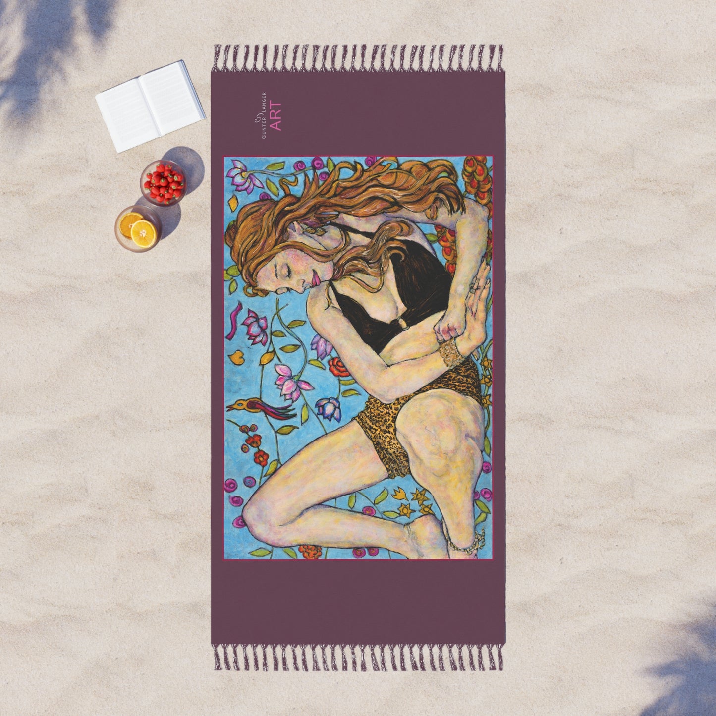 Boho Beach Cloth - Motiv: Ida, groß,  roter Rahmen, Tuch: Dunkelrot, 97 x 206 cm