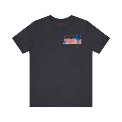 Unisex Jersey Short Sleeve Tee - Motiv: Front Alva (Ausschnitt H 7,8 cm) & Rückseite Alva, H 41 cm, Neck Label