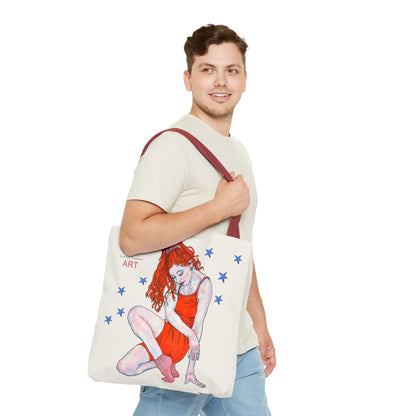 Tote Bag (AOP) - Motiv: Front Julia & Rückseite Julia 41,44cm Beige, Blaue Sterne