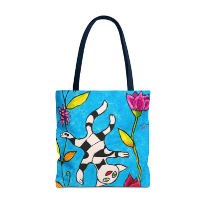 Tote Bag (AOP) - Motiv:  Front Katze schwebt, Rückseite  Katze schwebt, Blau, Ranken