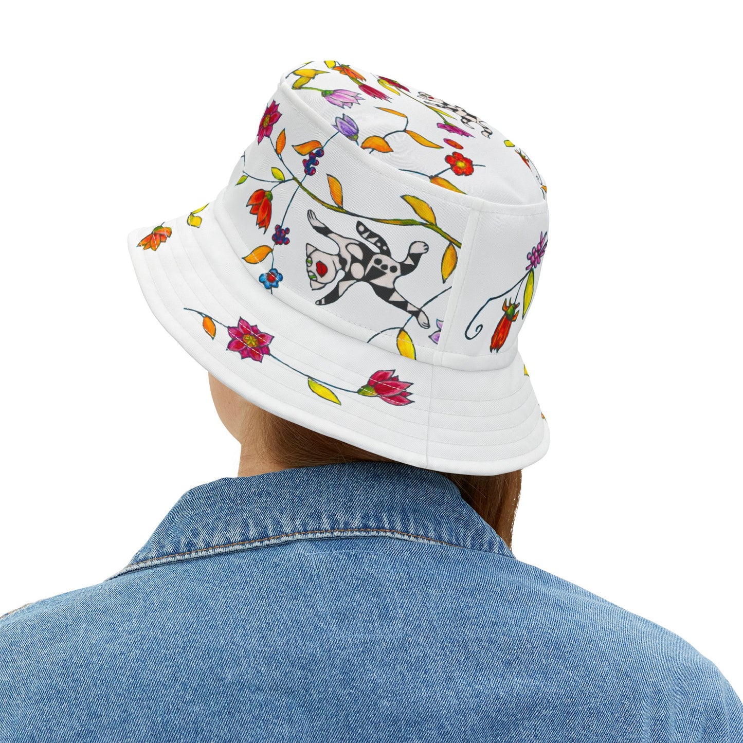 Bucket Hat (AOP) - Motiv: Katze fliegt, Ranken, Weiss