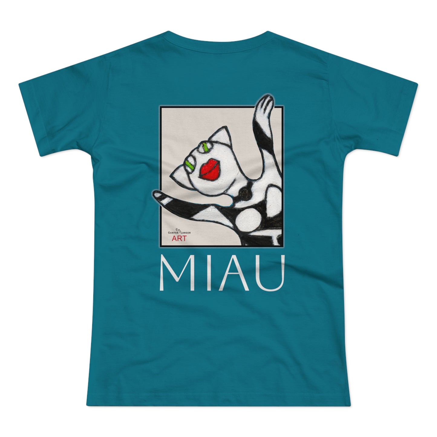 Single Jersey Women's T-shirt - dunkel - Motiv: Front Miau, H 15,3 cm, Rückseite Miau, H27,94 cm