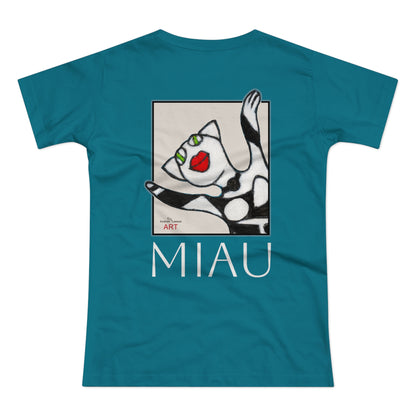 Single Jersey Women's T-shirt - dunkel - Motiv: Front Miau, H 15,3 cm, Rückseite Miau, H27,94 cm