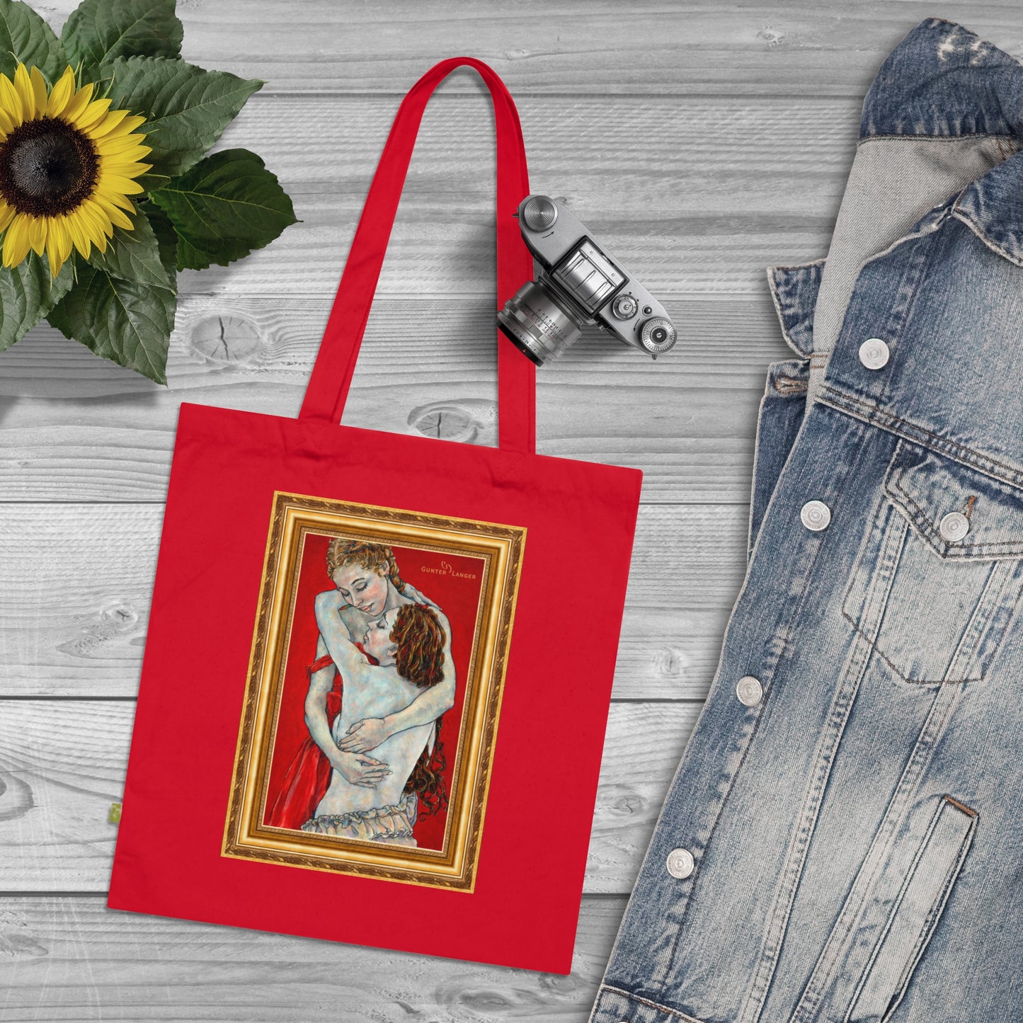Organic Cotton Tote Bag - Mutter und Tochter - Motiv: Nähe (gerahmt) & Sylvia, zweiseitig bedruckt, H 30 cm