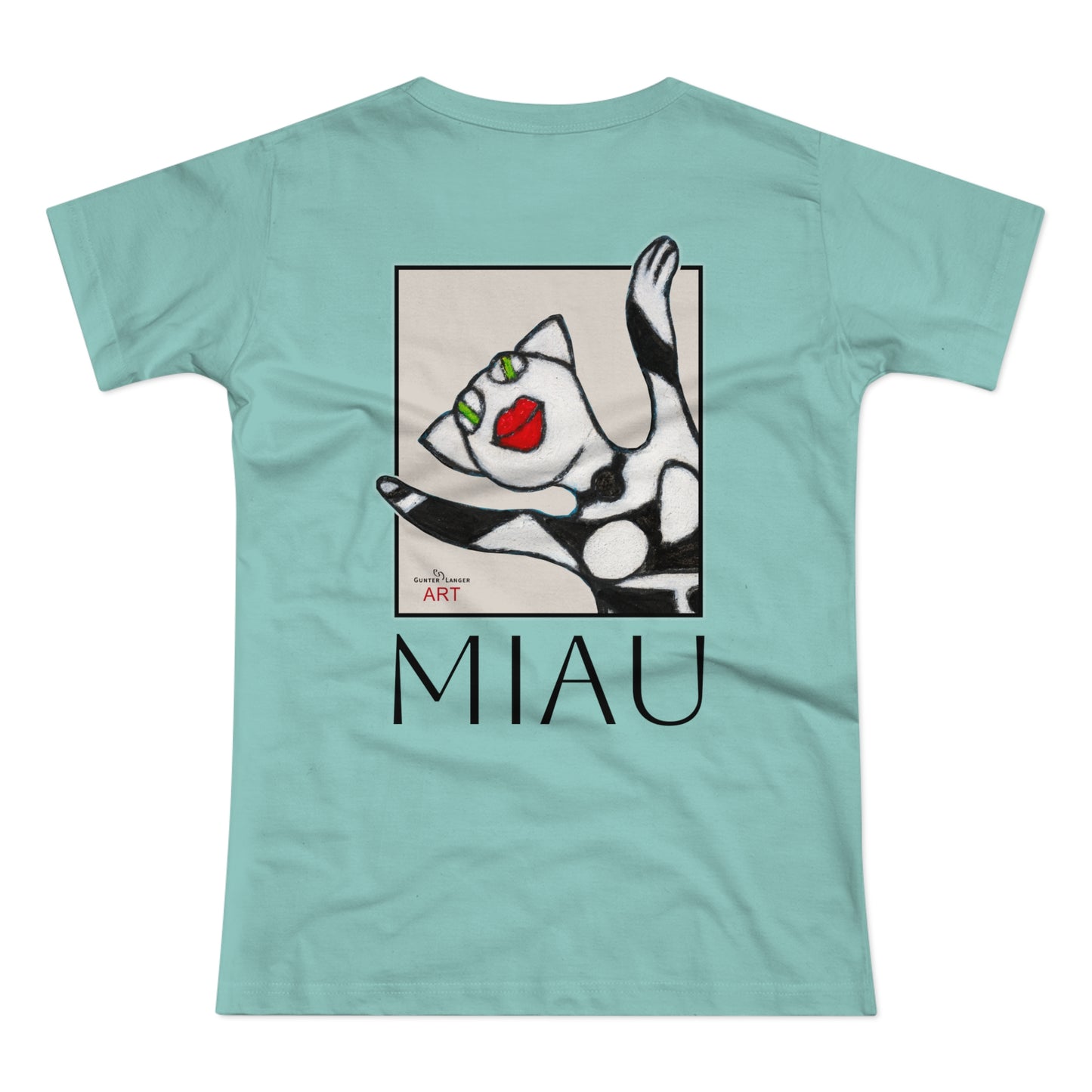 Single Jersey Women's T-shirt - hell - Motiv: Front Miau, H 15,3 cm, Rückseite Miau, H27,94 cm