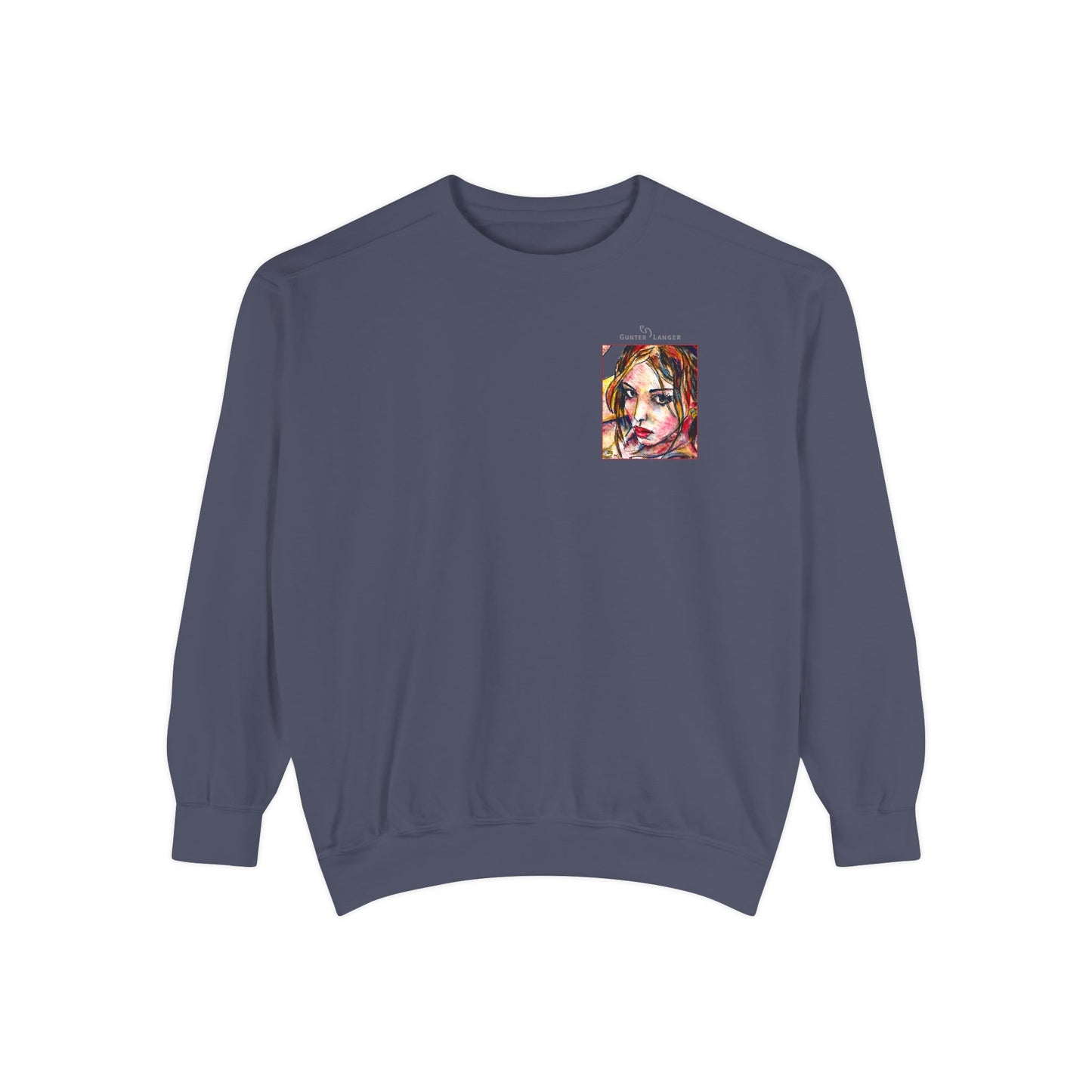 Unisex Garment-Dyed Sweatshirt - Motiv: Front Camilla (H 11,4 cm) & Rückseite Camilla / Leni, H 41 cm