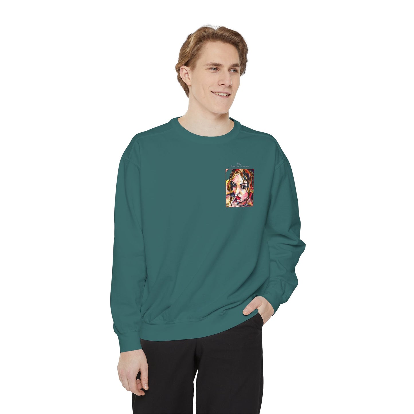 Unisex Garment-Dyed Sweatshirt - Motiv: Front Camilla (H 11,4 cm) & Rückseite Camilla / Leni, H 41 cm