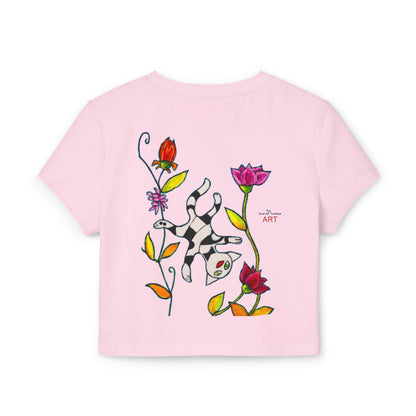 Women's Baby Tee - Motiv: Vorderseite und Rückseite, Katze schwebt & Ranken H 35 cm
