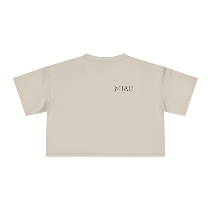 Women's Crop Tee - Motiv: Motiv: Front "Miau" klein, schwarz, H 8 cm, Rückseite "Miau"