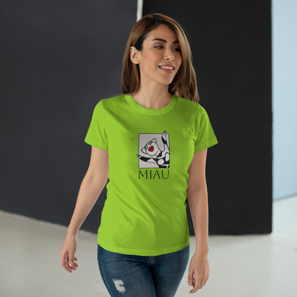 Single Jersey Women's T-shirt - hell - Motiv: Front Miau, H 15,3 cm, Rückseite Miau, H27,94 cm