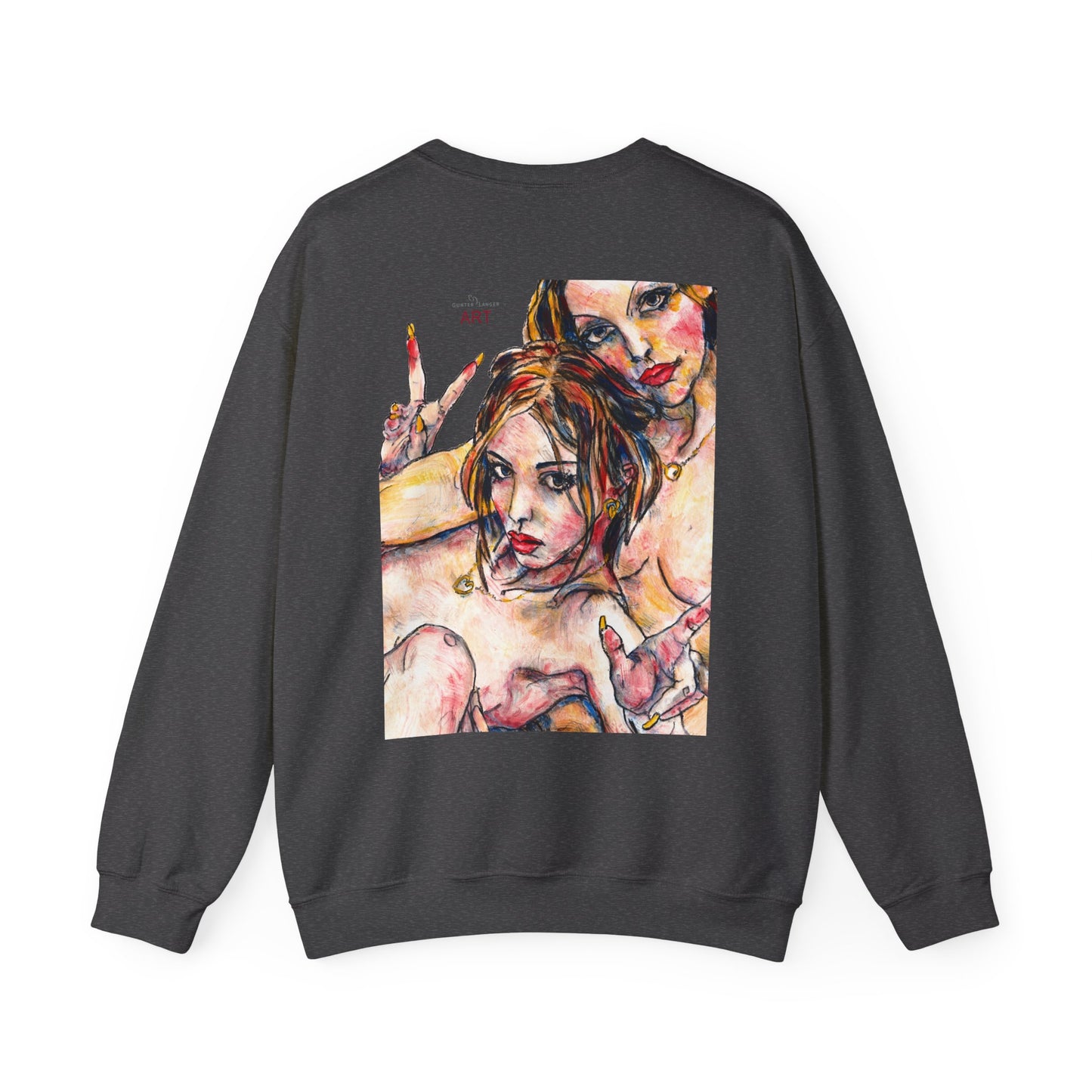 Unisex Heavy Blend™ Crewneck Sweatshirt - Motiv: Front Camilla (H 11,4 cm) & Rückseite Camilla / Leni, H 41 cm