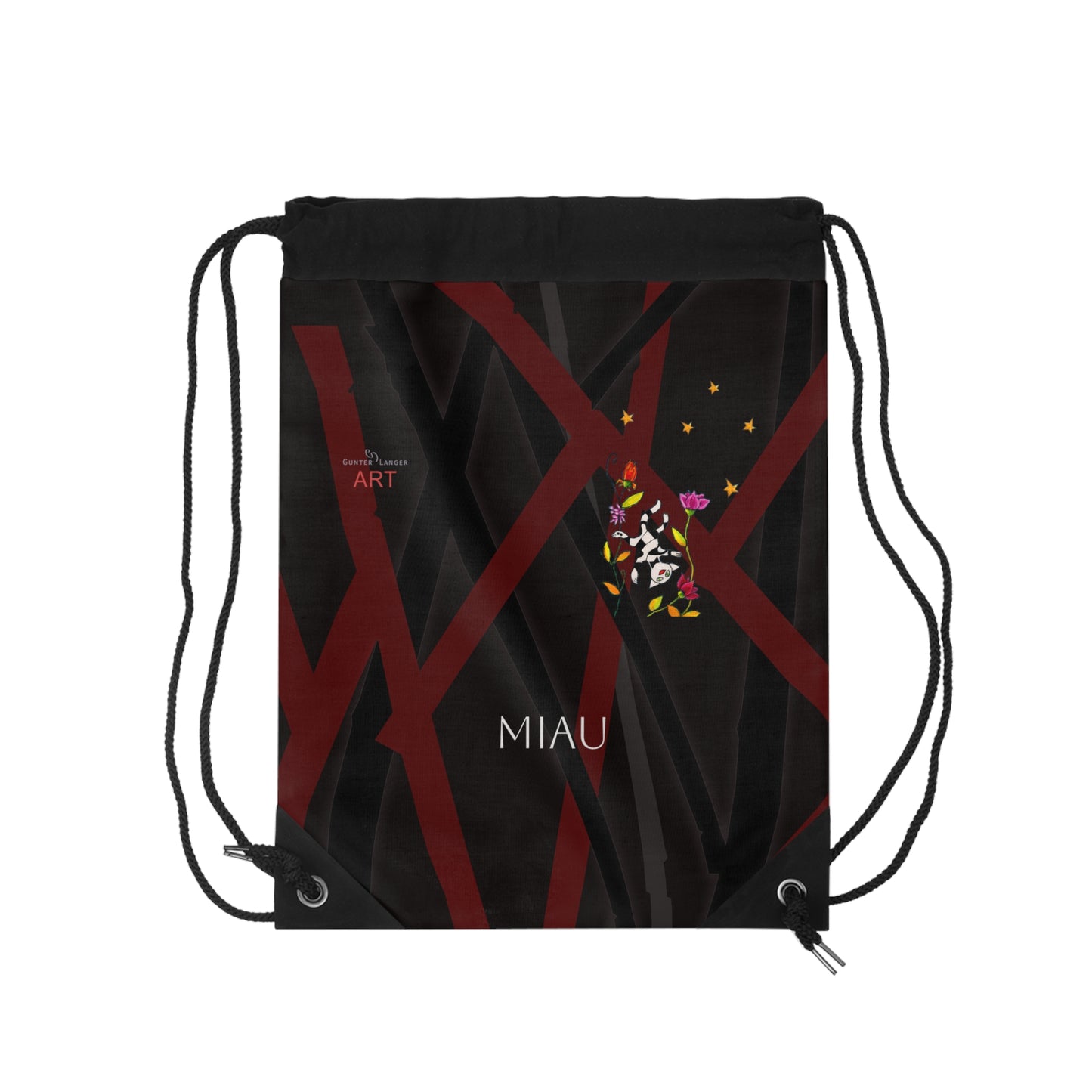 Drawstring Bag - Motiv: Vorderseite Katze fliegt und Rückseite Katze fliegt, klein, Mikado schwarz, Sterne 2