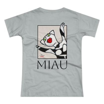 Single Jersey Women's T-shirt - hell - Motiv: Front Miau, H 15,3 cm, Rückseite Miau, H27,94 cm