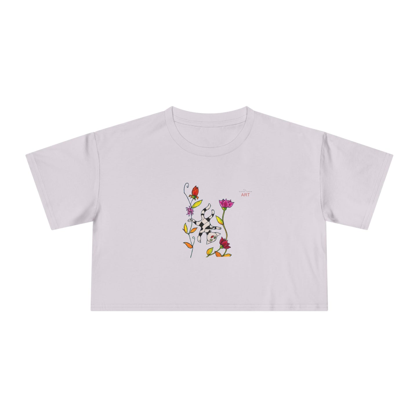 Women's Crop Tee - Motiv: Vorderseite H17,5 cm & Rückseite H26,5 cm, Katze schwebt & Ranken