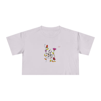 Women's Crop Tee - Motiv: Vorderseite H17,5 cm & Rückseite H26,5 cm, Katze schwebt & Ranken