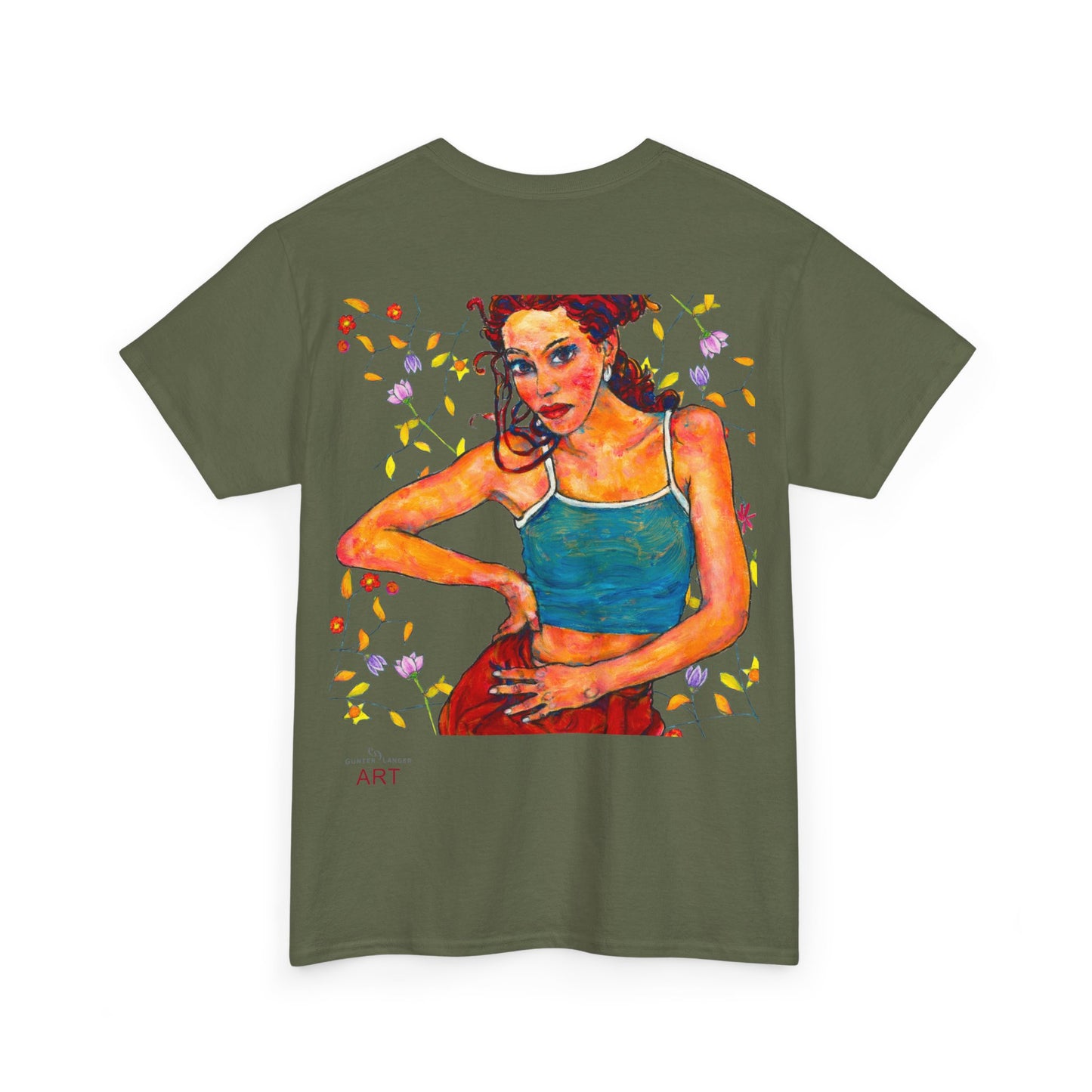 Unisex Heavy Cotton Tee - Motiv: Front, Lea, H 13cm & Rückseite, Lea A02, Ranken, 40 cm, Neck Label