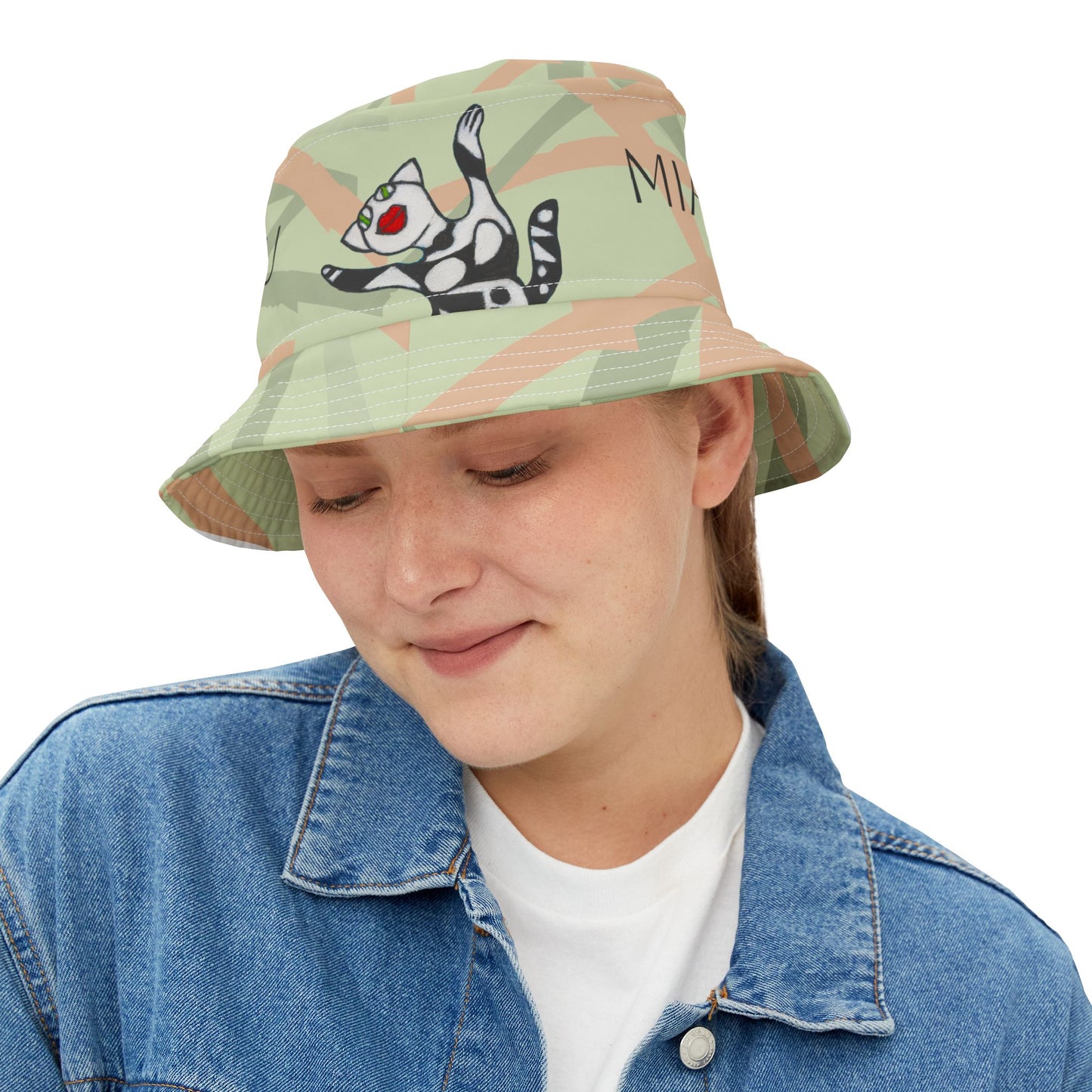 Bucket Hat (AOP) - Motiv: Miau, Mikado hellgrün