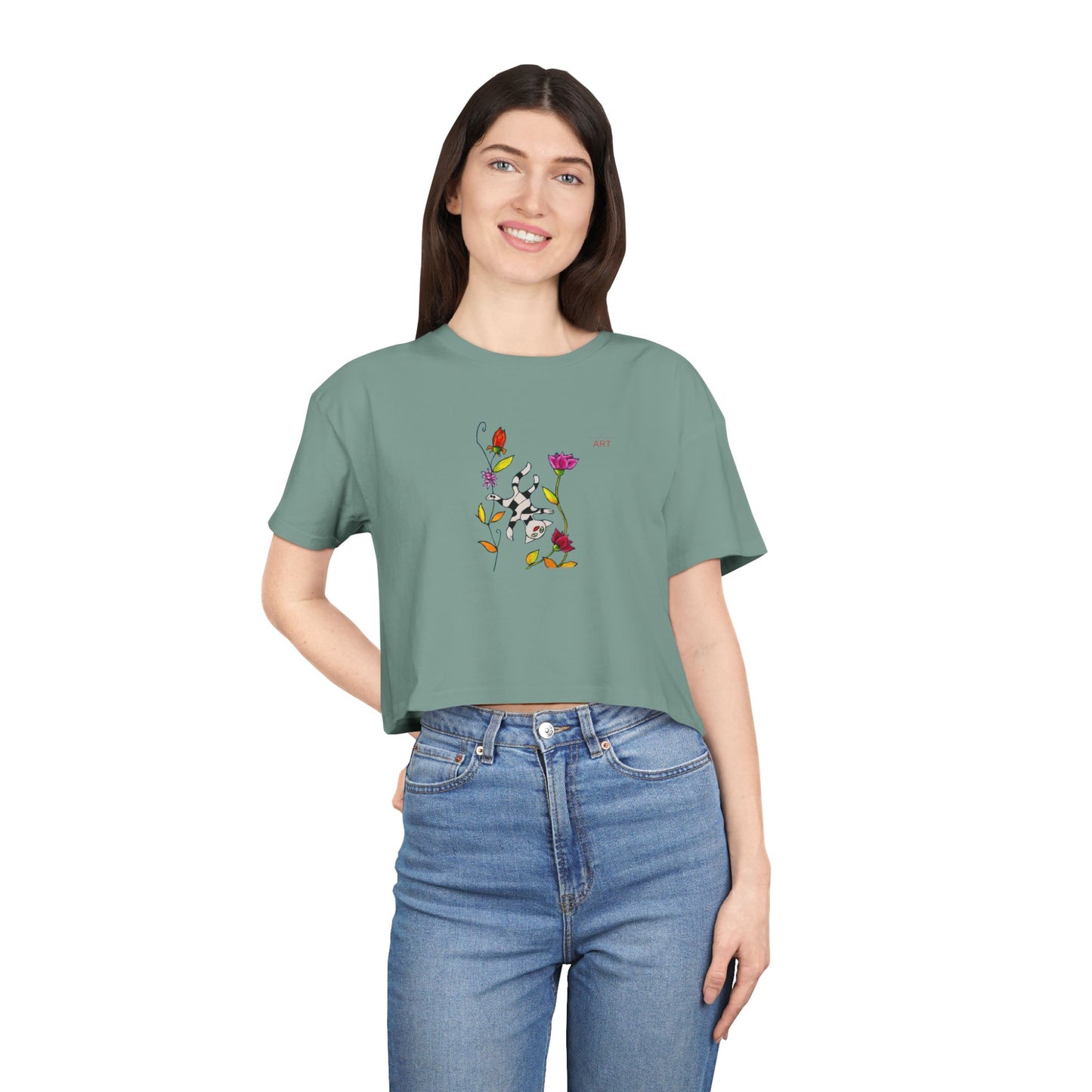 Women's Crop Tee - Motiv: Vorderseite H17,5 cm & Rückseite H26,5 cm, Katze schwebt & Ranken
