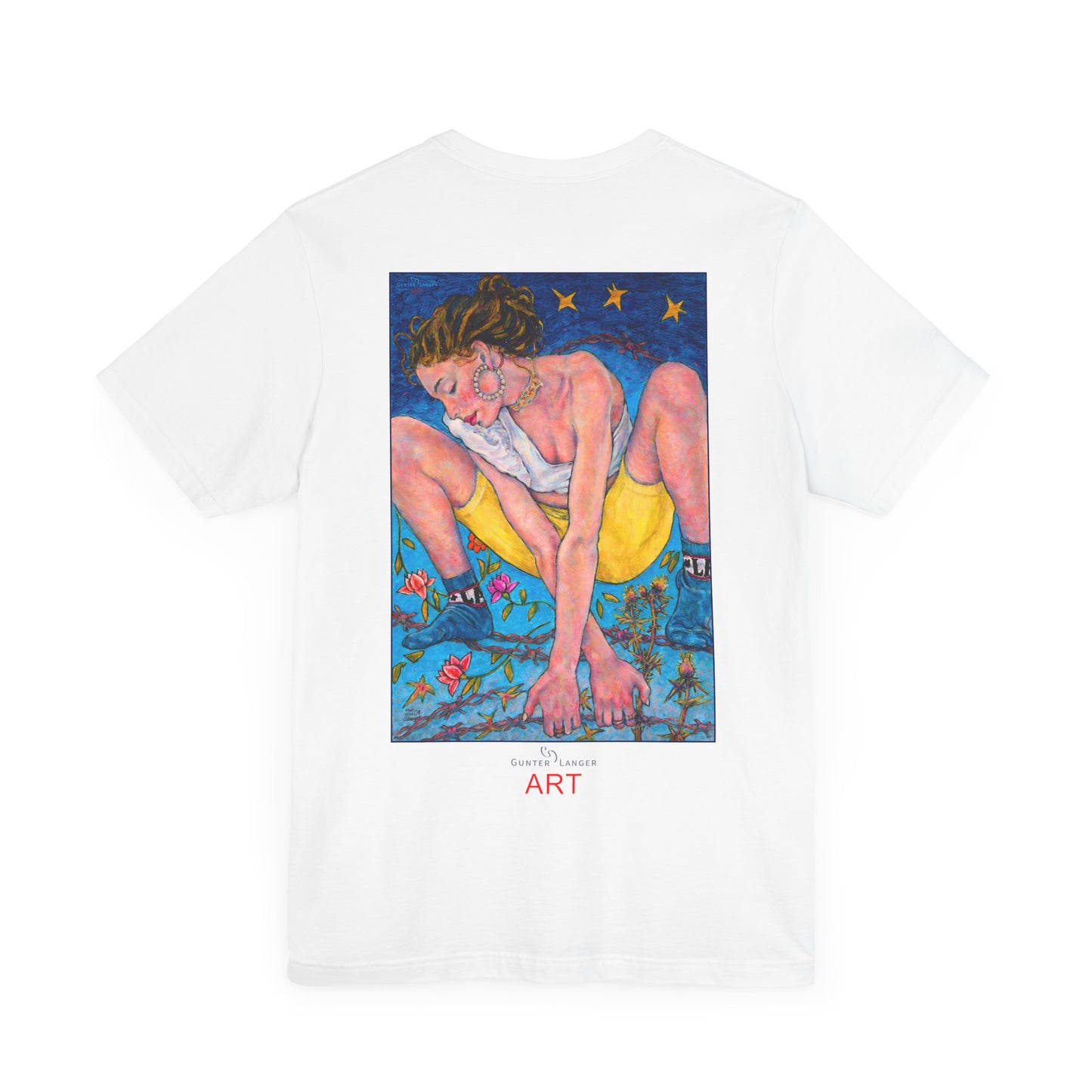 Unisex Jersey Short Sleeve Tee - Motiv: Front Alva (Ausschnitt H 7,8 cm) & Rückseite Alva, H 41 cm, Neck Label