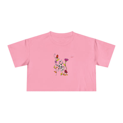 Women's Crop Tee - Motiv: Vorderseite H17,5 cm & Rückseite H26,5 cm, Katze schwebt & Ranken