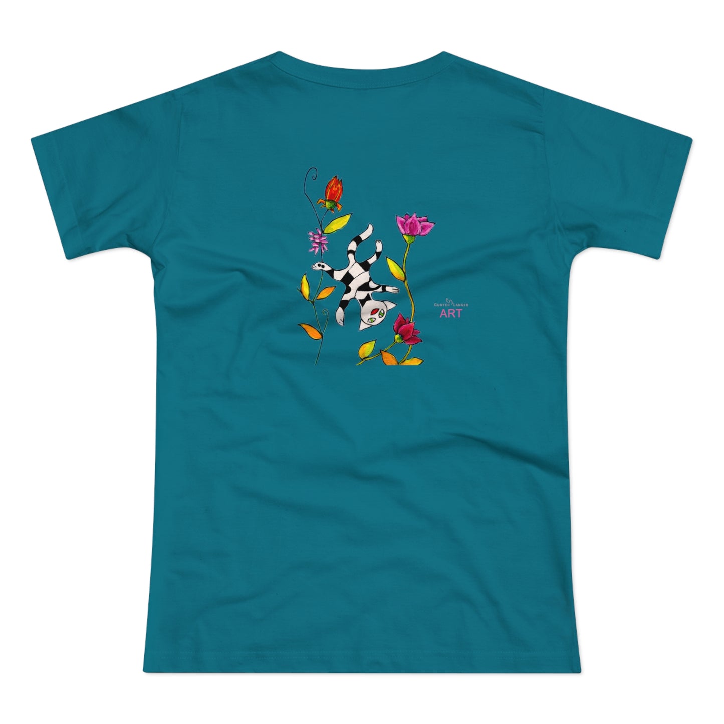 Single Jersey Women's T-shirt - dunkel - Motiv: Katze schwebt und Ranken, Vorderseite H 11 cm & Rückseite H 21,85 cm