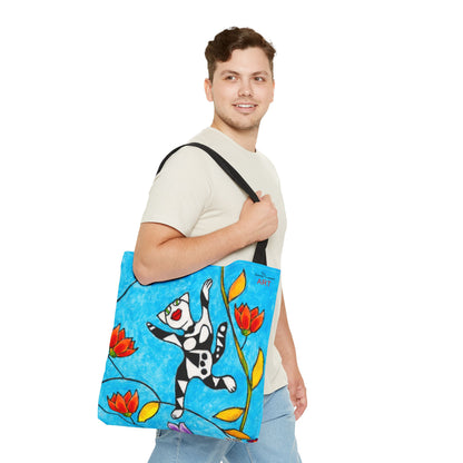 Tote Bag (AOP) - Motiv:  Front Katze springt, Rückseite  Katze springt, Blau, Ranken