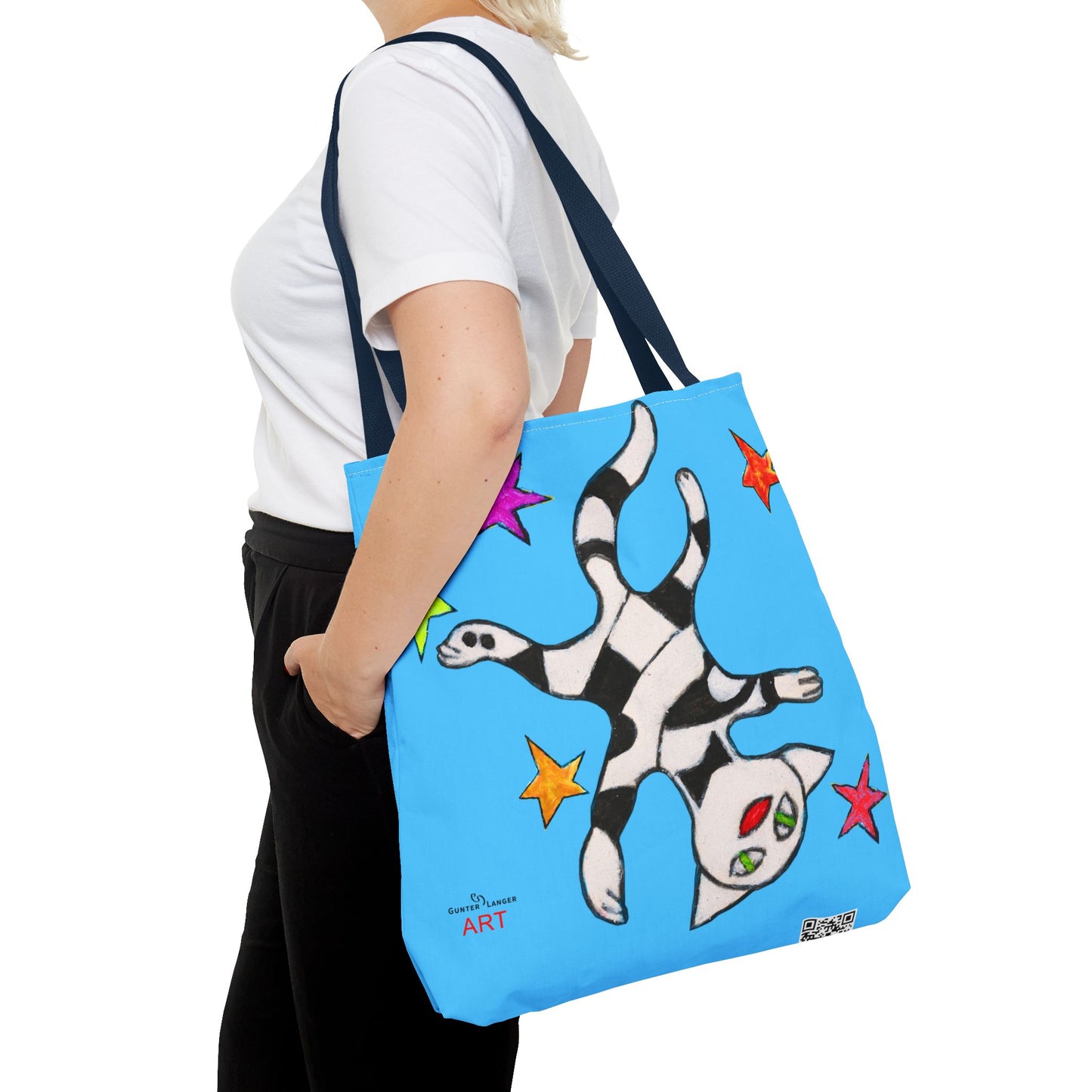 Tote Bag (AOP) - Motiv:  Front Katze schwebt & Rückseite  Katze schwebt, Blau, Sterne