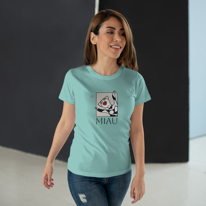Single Jersey Women's T-shirt - hell - Motiv: Front Miau, H 15,3 cm, Rückseite Miau, H27,94 cm