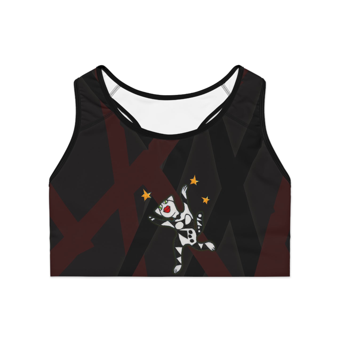 Sports Bra (AOP) -  Motiv: Front Miau & Rückseite Miau klein, Mikado Schwarz 2