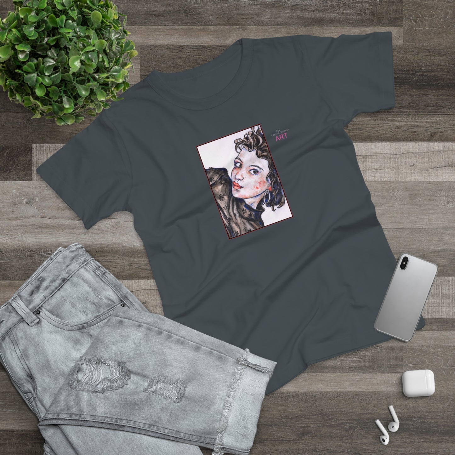 Single Jersey Women's T-shirt - dunkel - Motiv: Front Annette, H 20 cm & Rückseite Annette, H 35,56 cm