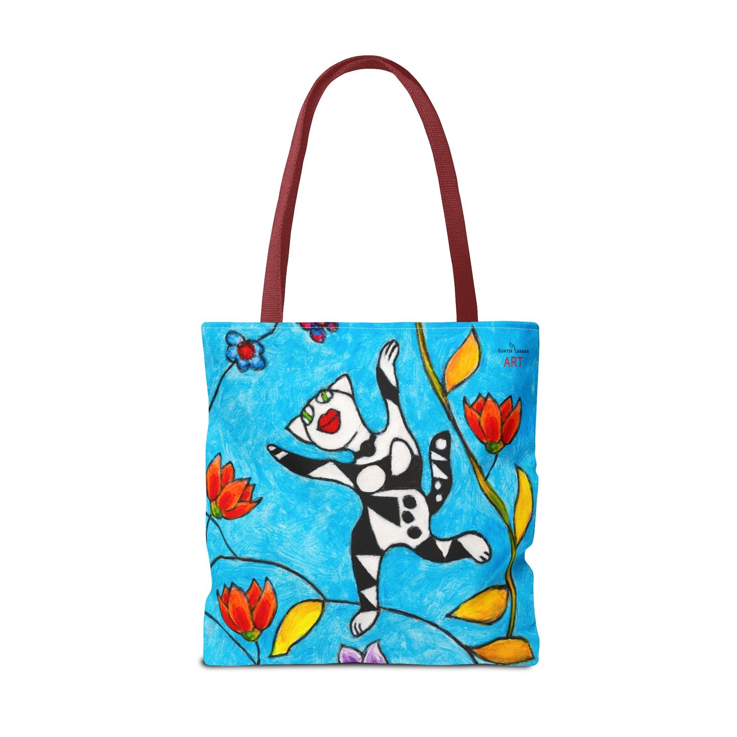 Tote Bag (AOP) - Motiv:  Front Katze springt, Rückseite  Katze springt, Blau, Ranken