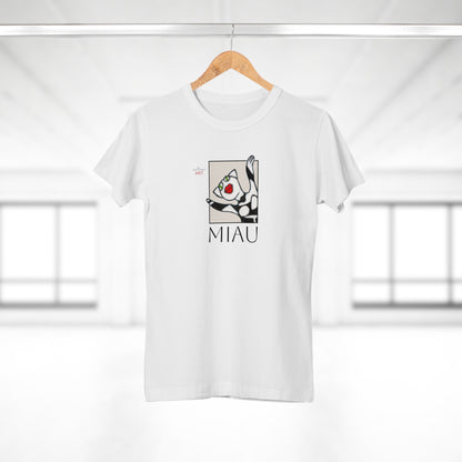 Single Jersey Women's T-shirt - hell - Motiv: Front Miau, H 15,3 cm, Rückseite Miau, H27,94 cm