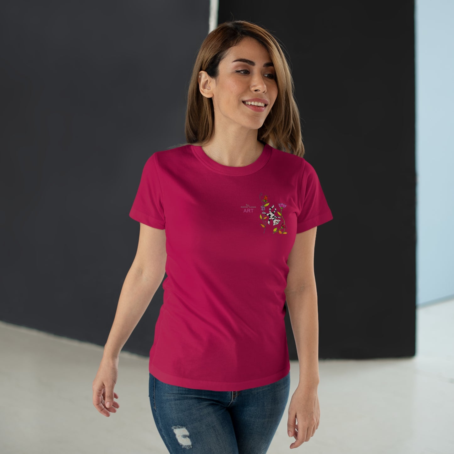 Single Jersey Women's T-shirt - dunkel - Motiv: Katze schwebt und Ranken, Vorderseite H 11 cm & Rückseite H 21,85 cm