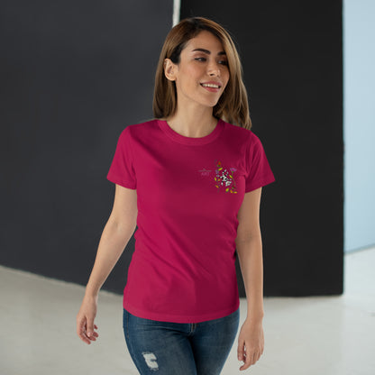 Single Jersey Women's T-shirt - dunkel - Motiv: Katze schwebt und Ranken, Vorderseite H 11 cm & Rückseite H 21,85 cm