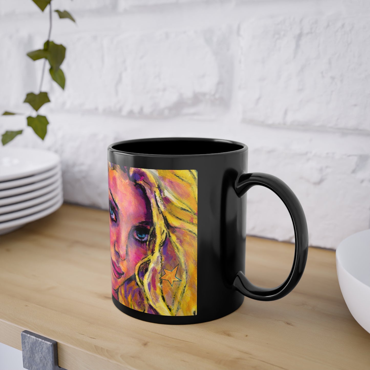 Black Coffee Cup, 11oz - Motiv: Maria, Ausschnitt, Sterne