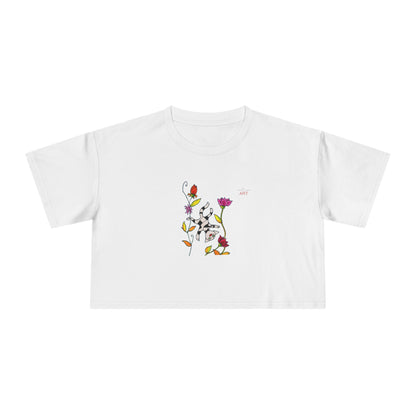 Women's Crop Tee - Motiv: Vorderseite H17,5 cm & Rückseite H26,5 cm, Katze schwebt & Ranken