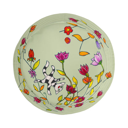 Bucket Hat (AOP) - Motiv: Katze fliegt, Ranken, grün