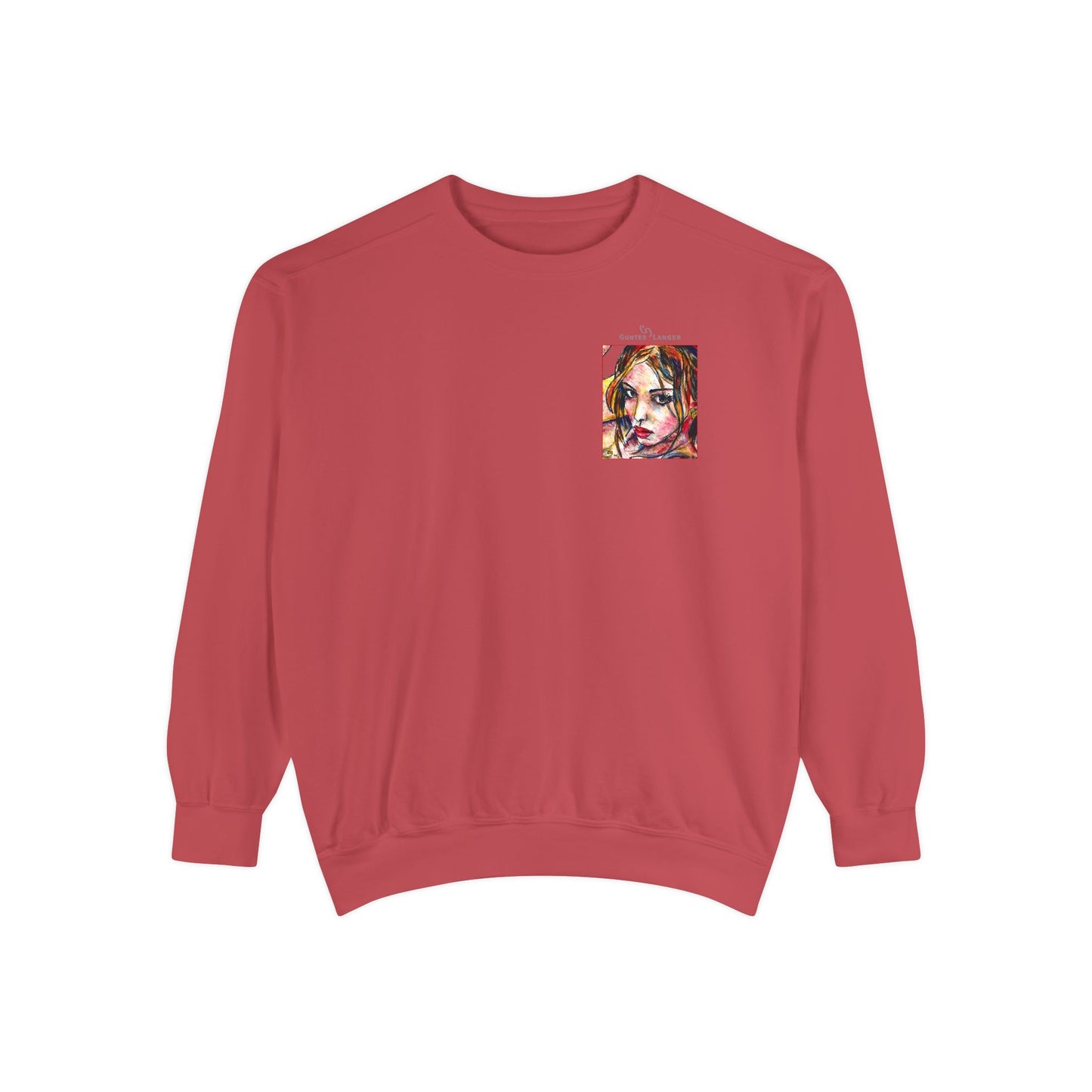 Unisex Garment-Dyed Sweatshirt - Motiv: Front Camilla (H 11,4 cm) & Rückseite Camilla / Leni, H 41 cm