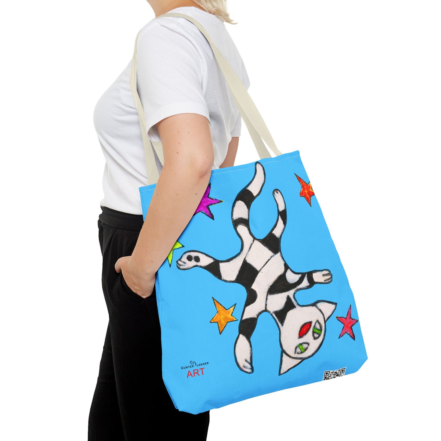 Tote Bag (AOP) - Motiv:  Front Katze schwebt & Rückseite  Katze schwebt, Blau, Sterne