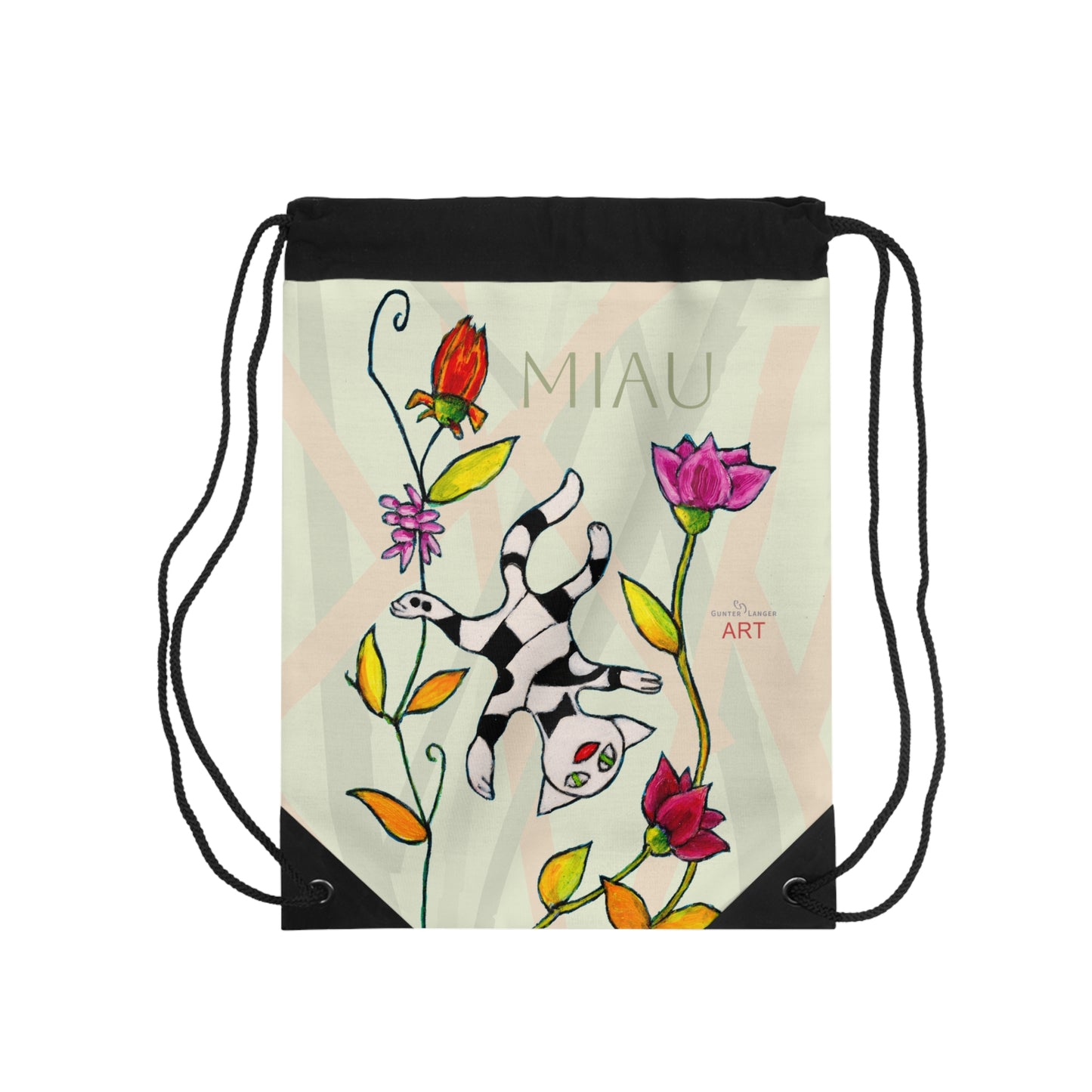 Drawstring Bag - Motiv: Vorderseite und Rückseite, Katze schwebt, Miau
