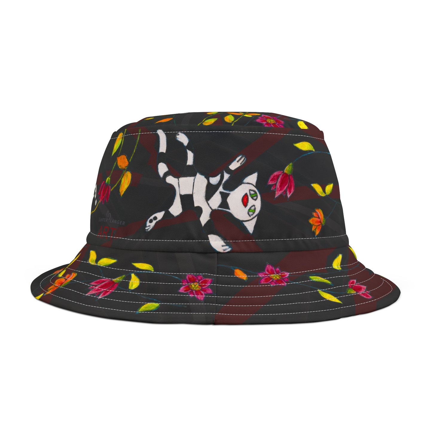 Bucket Hat (AOP) - Motiv: Katze fliegt, Ranken, schwarz