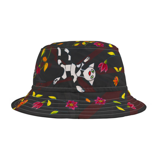 Bucket Hat (AOP) - Motiv: Katze fliegt, Ranken, schwarz