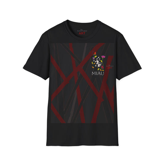 Unisex Softstyle T-Shirt - Motiv: Front, Katze schwebt, Ranken, Miau, H 11 cm, Mikado 3 & Rückseite Schrift Miau, N-Label