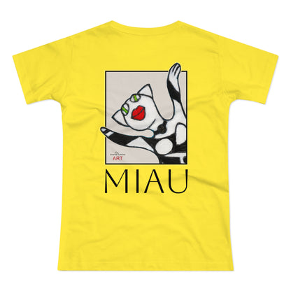 Single Jersey Women's T-shirt - hell - Motiv: Front Miau, H 15,3 cm, Rückseite Miau, H27,94 cm