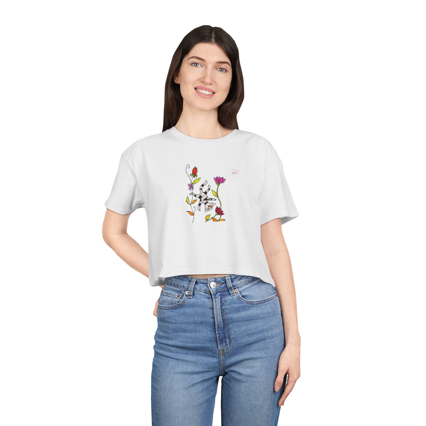 Women's Crop Tee - Motiv: Vorderseite H17,5 cm & Rückseite H26,5 cm, Katze schwebt & Ranken