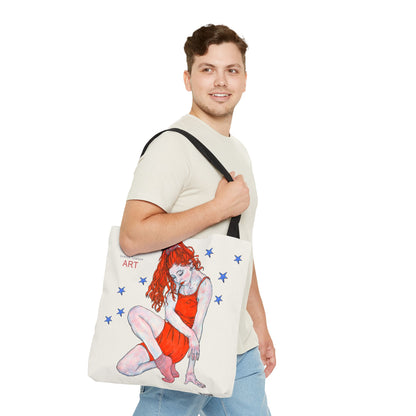 Tote Bag (AOP) - Motiv: Front Julia & Rückseite Julia 41,44cm Beige, Blaue Sterne