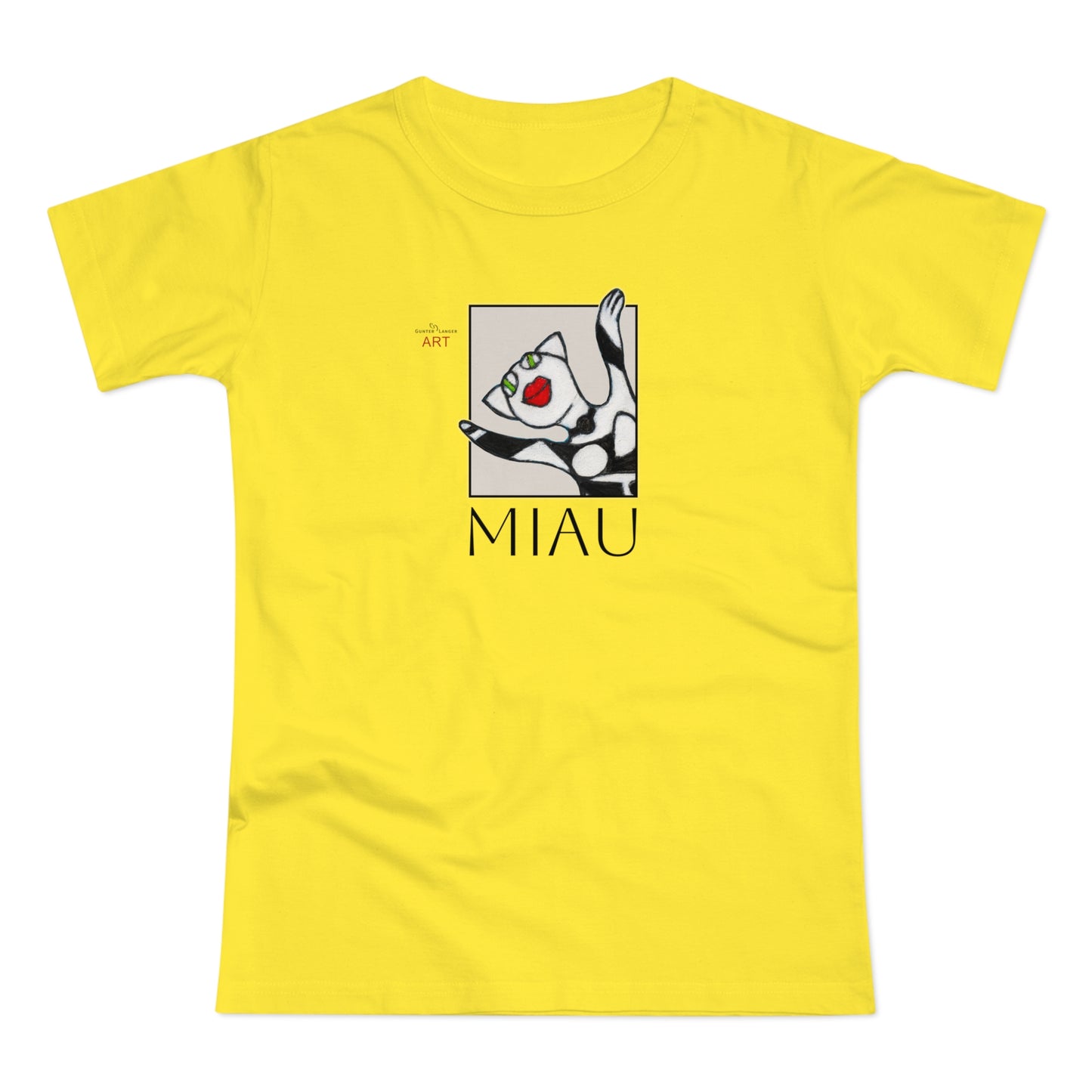 Single Jersey Women's T-shirt - hell - Motiv: Front Miau, H 15,3 cm, Rückseite Miau, H27,94 cm